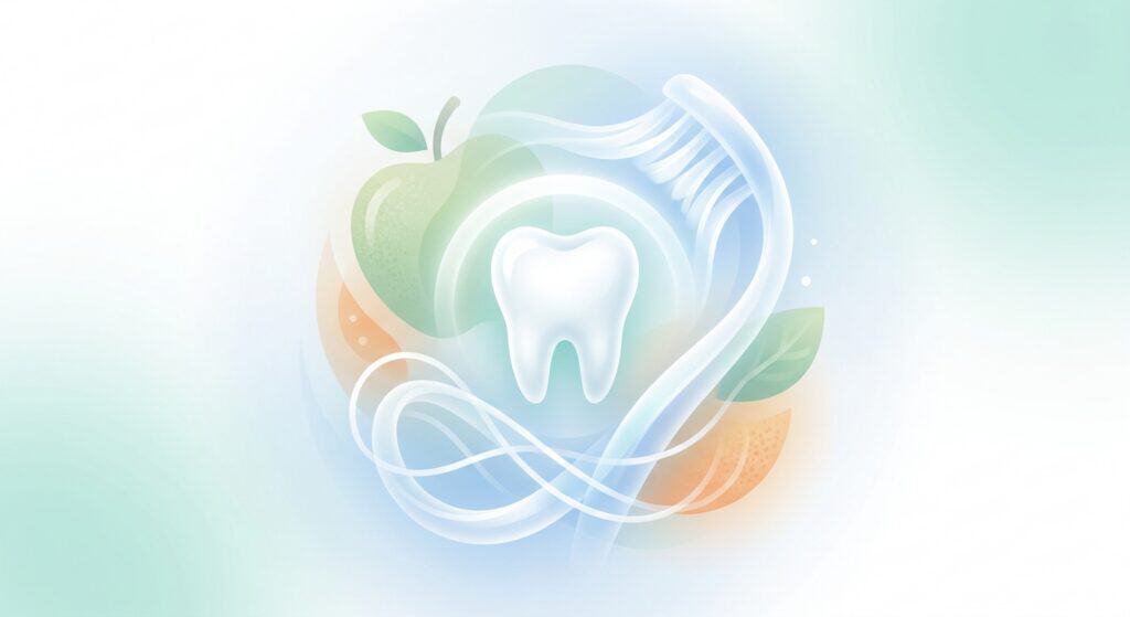 Illustration of a healthy tooth surrounded by a toothbrush, apple, and leaves, emphasizing dental hygiene, oral health, and preventive care.
