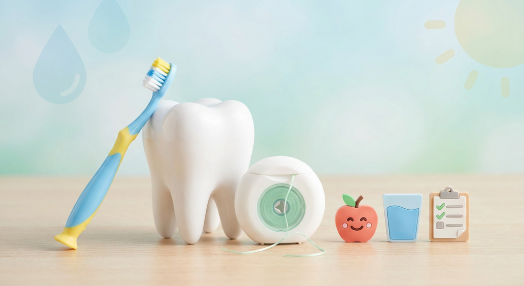 Toothbrush, dental floss, and dental health accessories on a wooden surface, promoting oral hygiene and healthy teeth care.