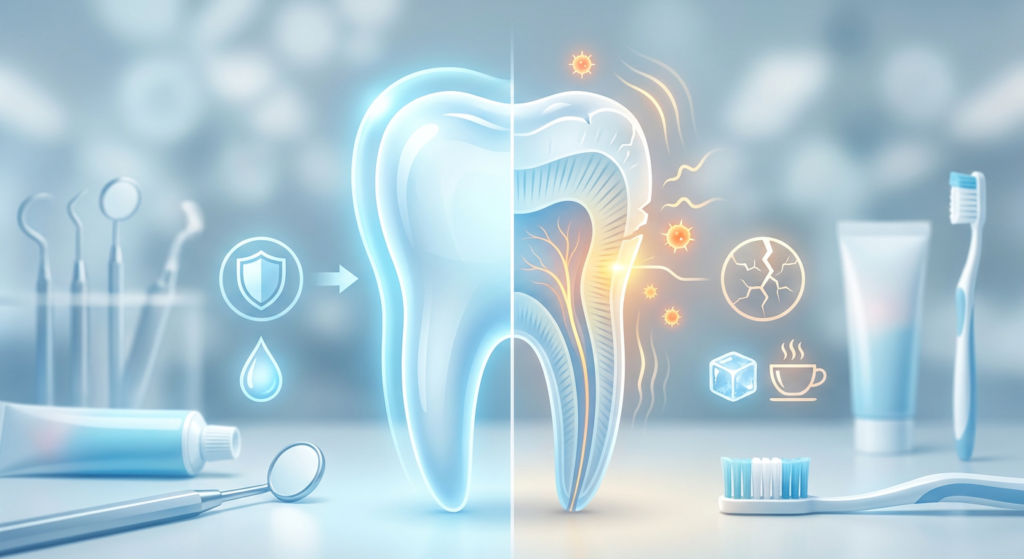 Healthy tooth illustration with dental tools, shield, water, and cavity protection icons.