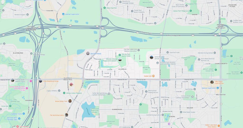 Detailed city map showing roads, highways, parks, lakes, and various landmarks for navigation and orientation.