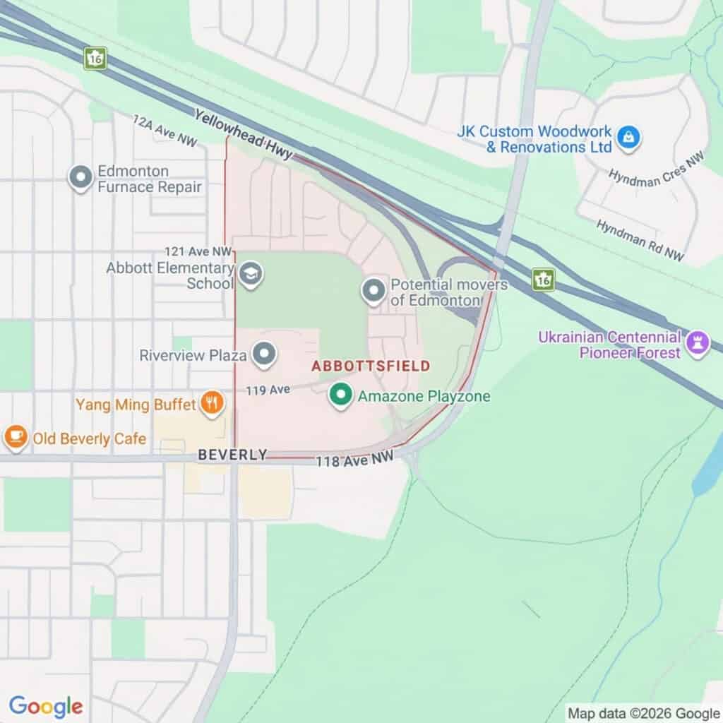 Map showing Amazone Playzone location near Beverly and Abbott's Field in Edmonton, with nearby landmarks and roads.