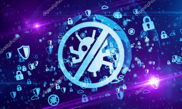 Antivirus. Cyber security, computer protection and digital safety symbols on digital globe 3d illustration.