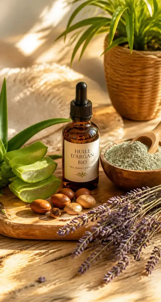 Ingrédients bio de cosmétiques naturels posés sur une table en bois