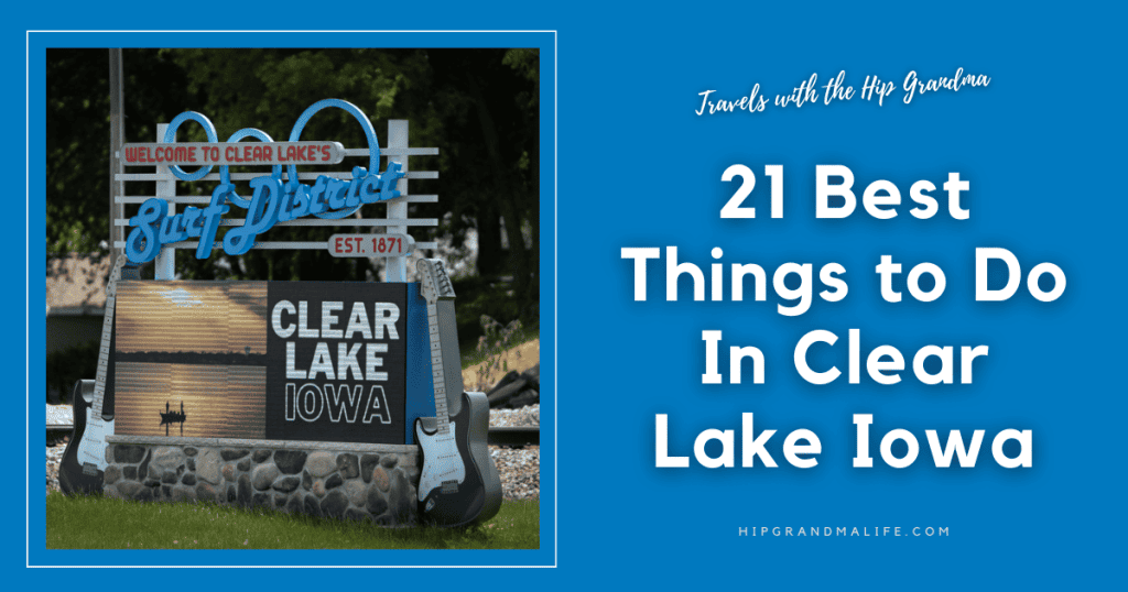Experience the beauty of Clear Lake, Iowa, with iconic signs and musical themed decor, ideal for travel adventures, family outings, and exploring local landmarks for an enriching grandma travel experience.