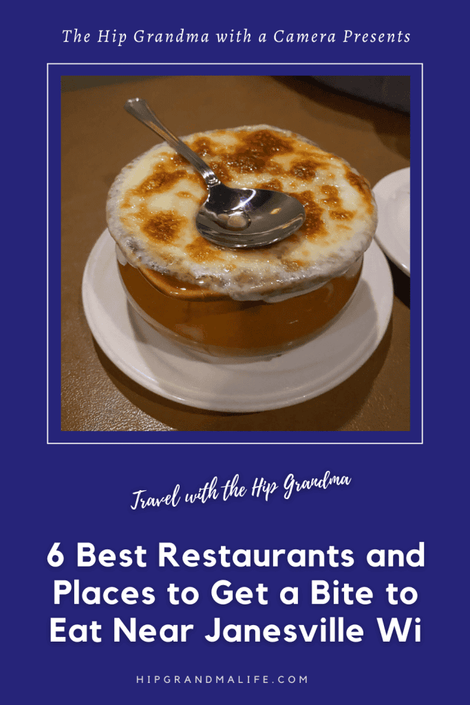 Pinterest pin: French onion soup in crock with spoon; text reads “6 Best Restaurants near Janesville, WI”.