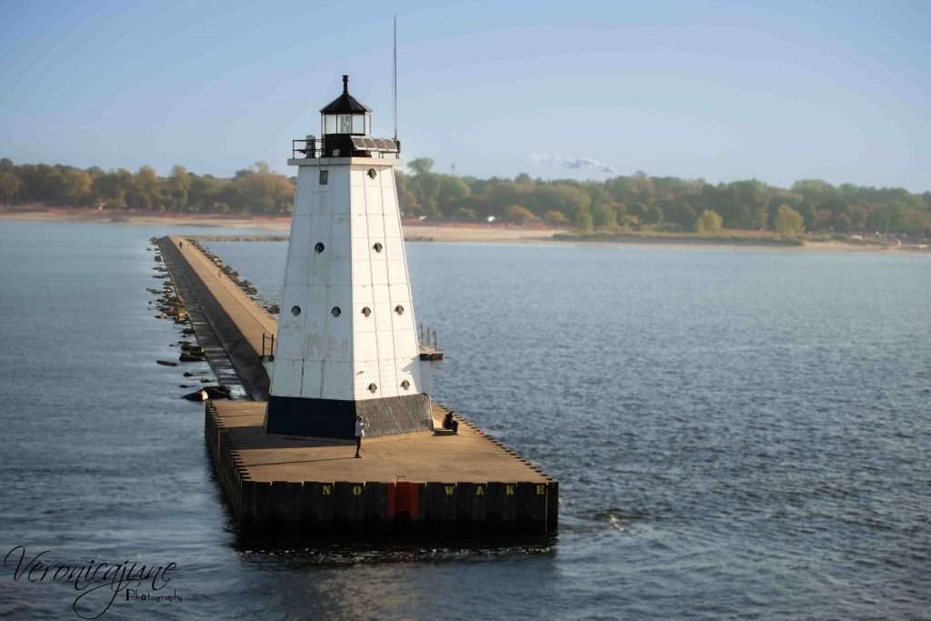 A view of the Ludington Breakwater Lighthouse with land behind her