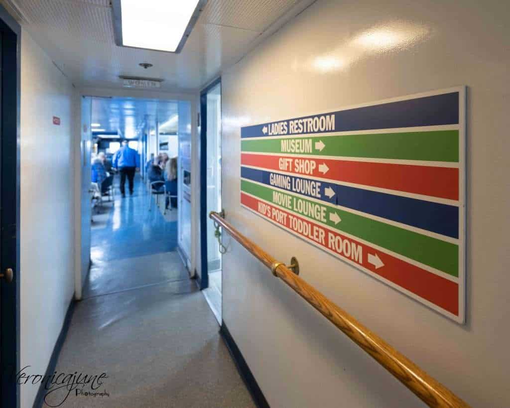 passageway of the SS Badger showing a sign where various rooms are located
