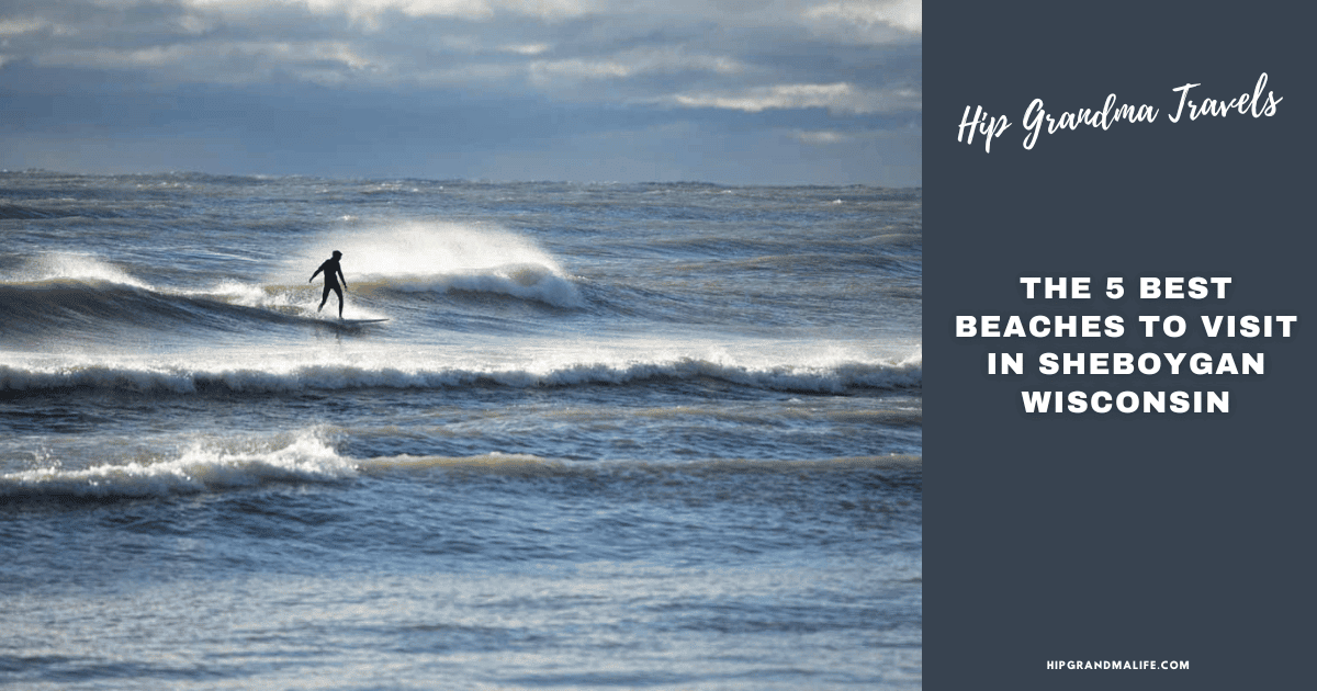 AD image for the 5 Best Beaches to Visit in Sheboygan Wisconsin with a photo of a surfer on the blue waves of Lake Michigan and the title of the article