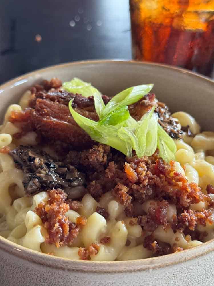 Savory mac and cheese with pulled pork, crispy bacon bits, and green onion garnish in a rustic bowl. Perfect comfort food for adults and grandma-inspired recipes on Hip Grandma Life.