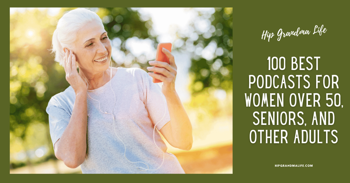 Relaxed senior woman enjoying a podcast outdoors, wearing headphones and smiling, representing vibrant aging and lifestyle for women over 50.