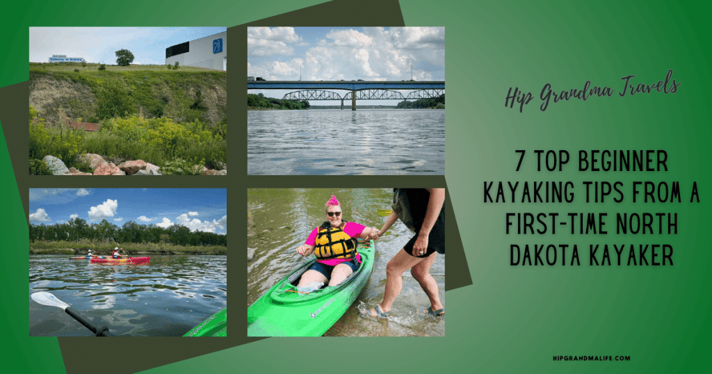 PIN image for Kayaking Tips in North Dakota with title and 4 images of the lake and the author kayaking