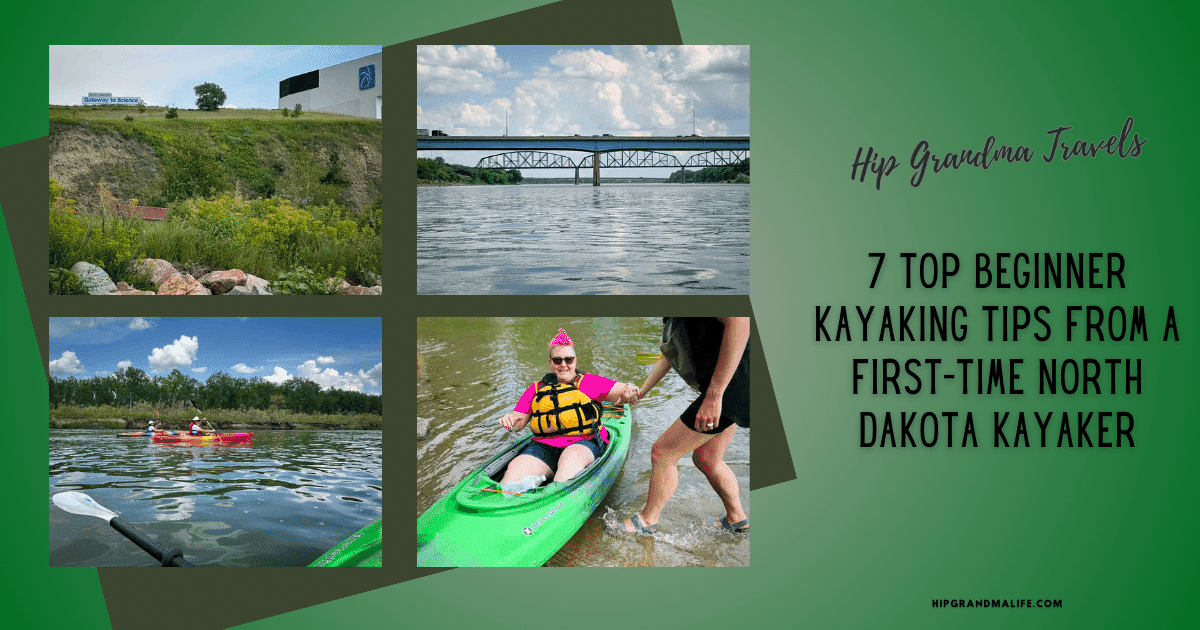 PIN image for Kayaking Tips in North Dakota with title and 4 images of the lake and the author kayaking