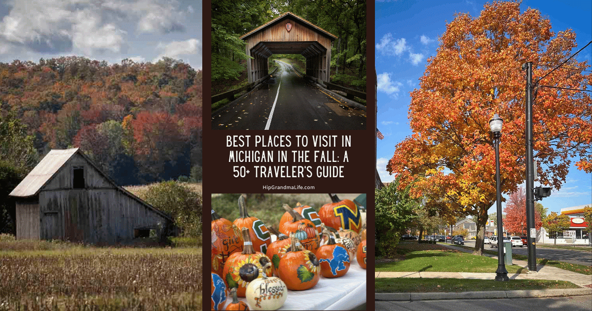 Colorful fall foliage with an old barn, covered bridge, autumn leaves, and decorated pumpkins, perfect for exploring fall travel destinations in Michigan and creating seasonal memories.