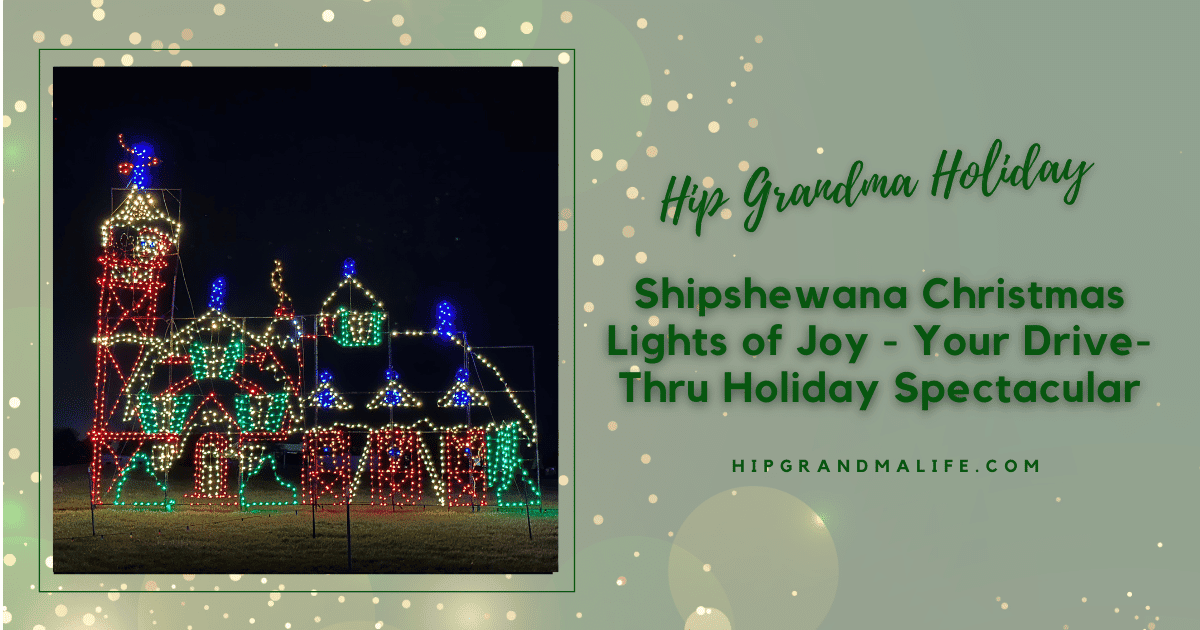 Colorful Shipshwana Christmas lights display at night, designed for a holiday driveway spectacle, illuminated with festive red, green, blue, and white lights, perfect for holiday family fun.