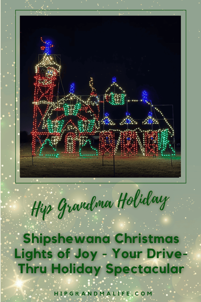 AD image for Shipshewana Christmas Lights with a photo of a barn created with christmas Lights and the title, all on a Christmasy green background.