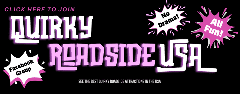 gray background with pink letters inviting - click here to join Quirky Roadside USA Facebook Group.