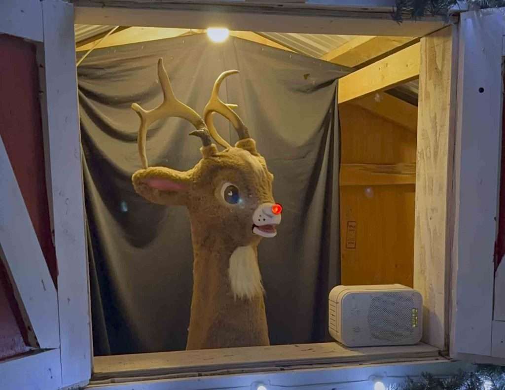 Deer holiday decoration with antlers, nose, and eyes, illuminated in cozy wooden and fabric setting. Perfect for rustic or Christmas season decor, adding charm and whimsy to your home.