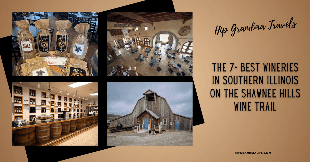 Beautiful wine gift bags with winery logos; rustic winery interior with cozy dining area; wine shop with extensive bottles and barrels; charming historic barn on Shawnee Hills Wine Trail.