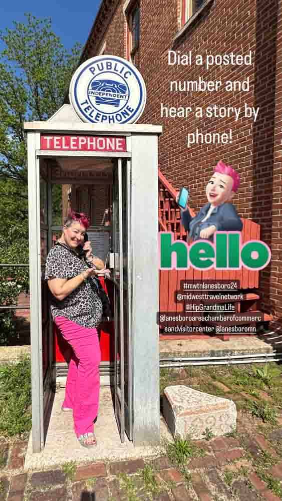 Calling a posted number and hearing a story by phone concept at a vintage telephone booth with a woman and animated grandma character.
