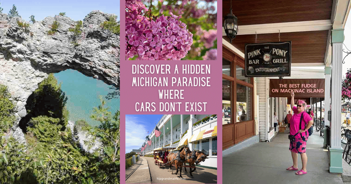 Ad image showing Arch Rock, lilacs, the Grand Hotel and the Hip Grandma outside the Pink Pony with the article title.
