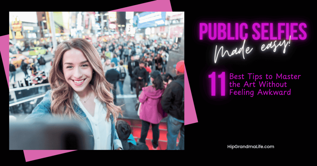 Smiling woman taking a selfie in a busy city crowd for public selfies tips.