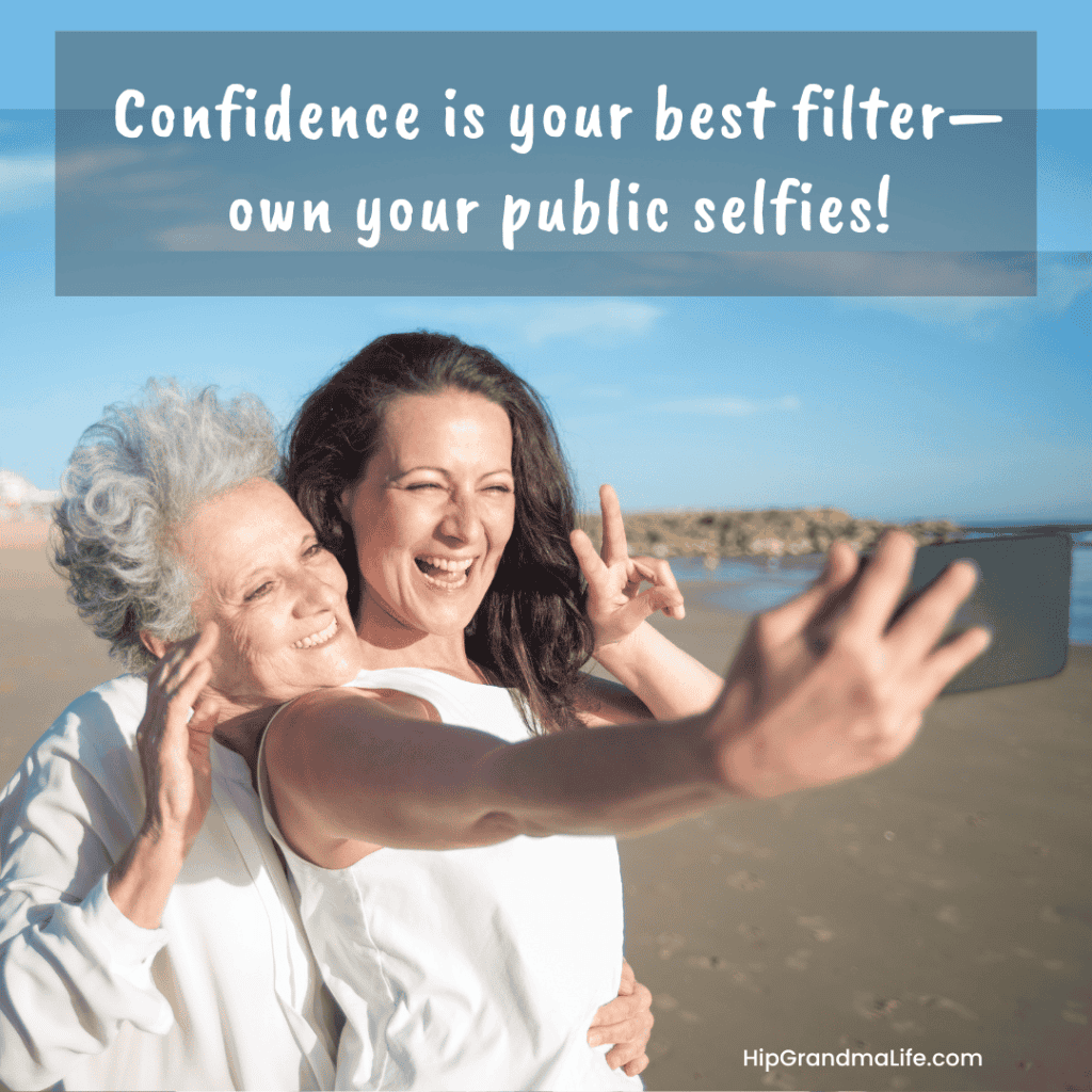 Smiling elderly woman and young woman taking a selfie on the beach, happy family moment, multigenerational family enjoying outdoor activities, joyful seniors, capturing memories, summer vacation.