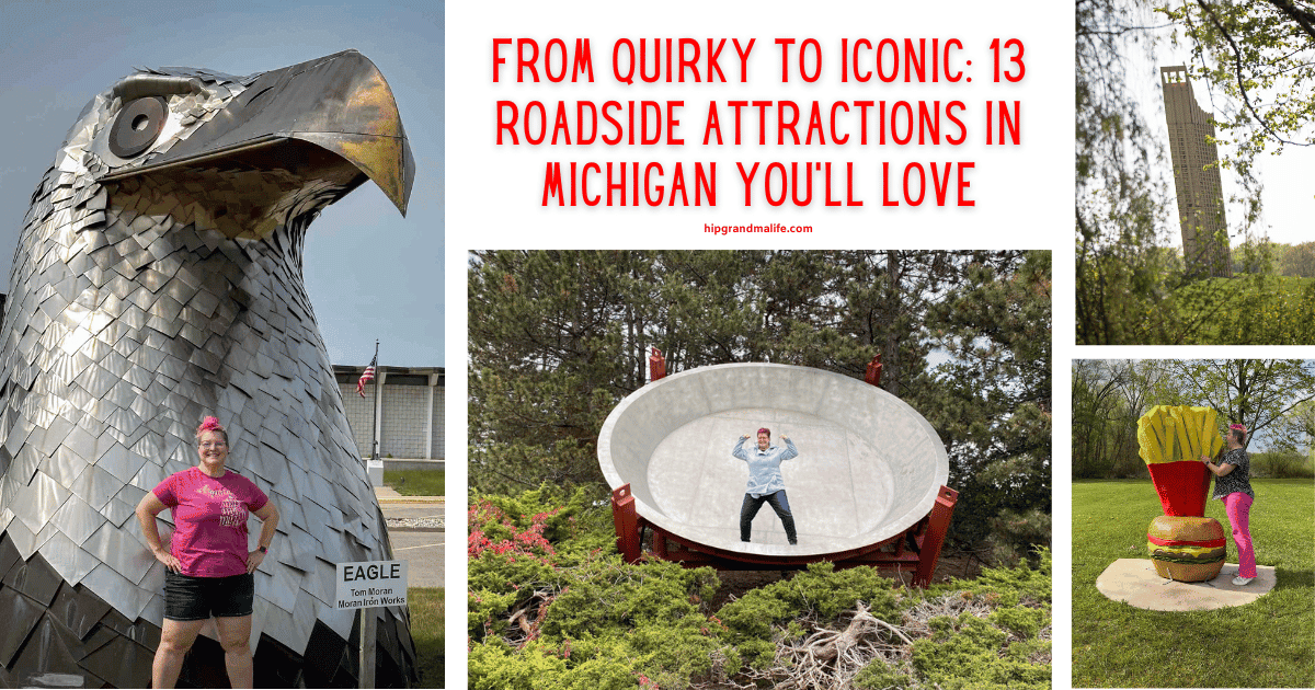 Large silver eagle sculpture at Michigan roadside attraction with woman in pink T-shirt, promoting quirky travel experiences.