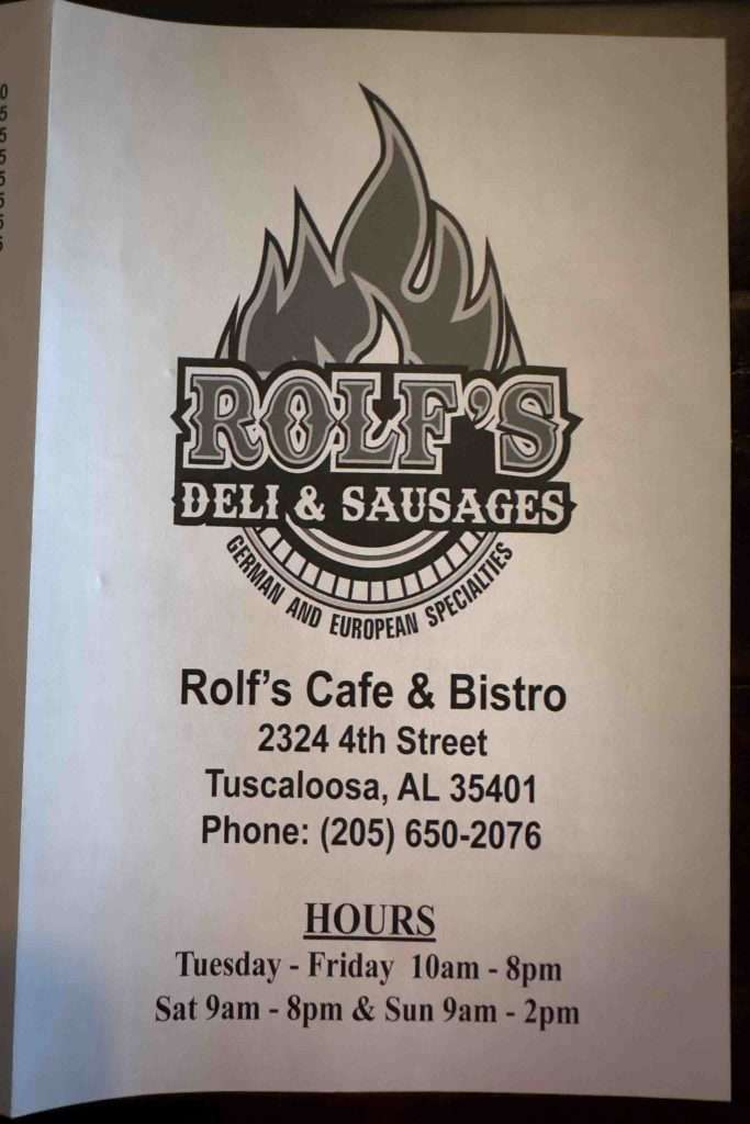 The front of the menu at Rolf's, a Tuscaloosa Menu