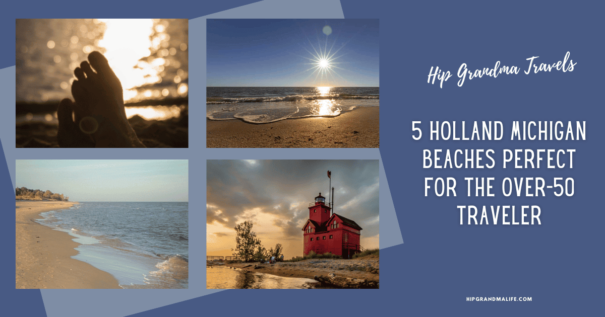 Relaxing toes in the sand at sunset on Michigan beaches, scenic shoreline, lighthouse at sunset, and comfortable travel moments for over-50 travelers in Holland, Michigan.