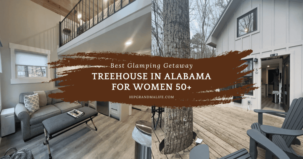 Cozy indoor living space in a treehouse with modern decor, large window, and loft area, perfect for women over 50 seeking a relaxing Alabama glamping getaway.