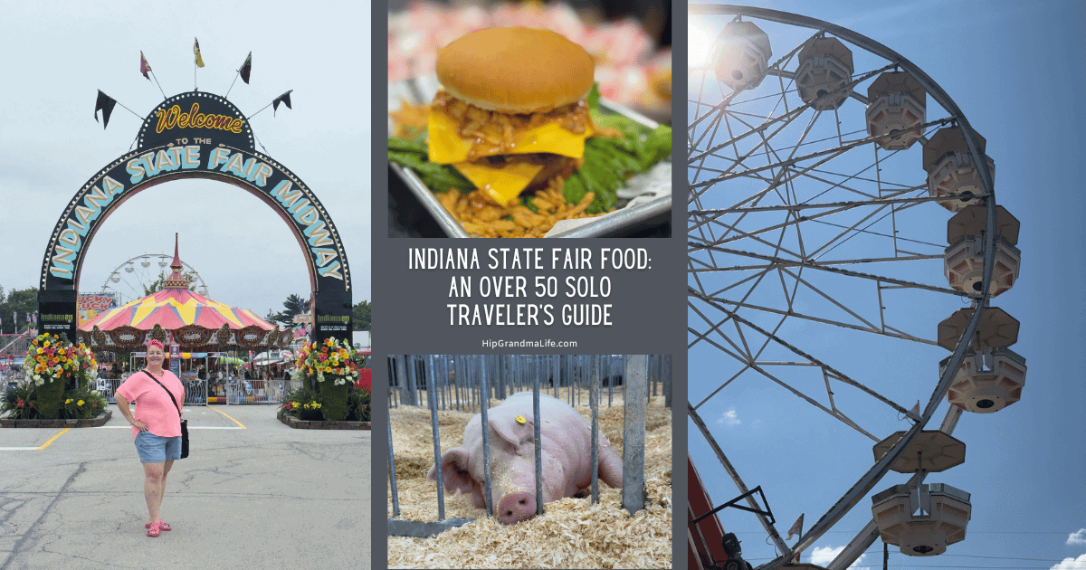 Indiana State Fair entrance with colorful decorations and fairgoers, featuring a Ferris wheel in the background.