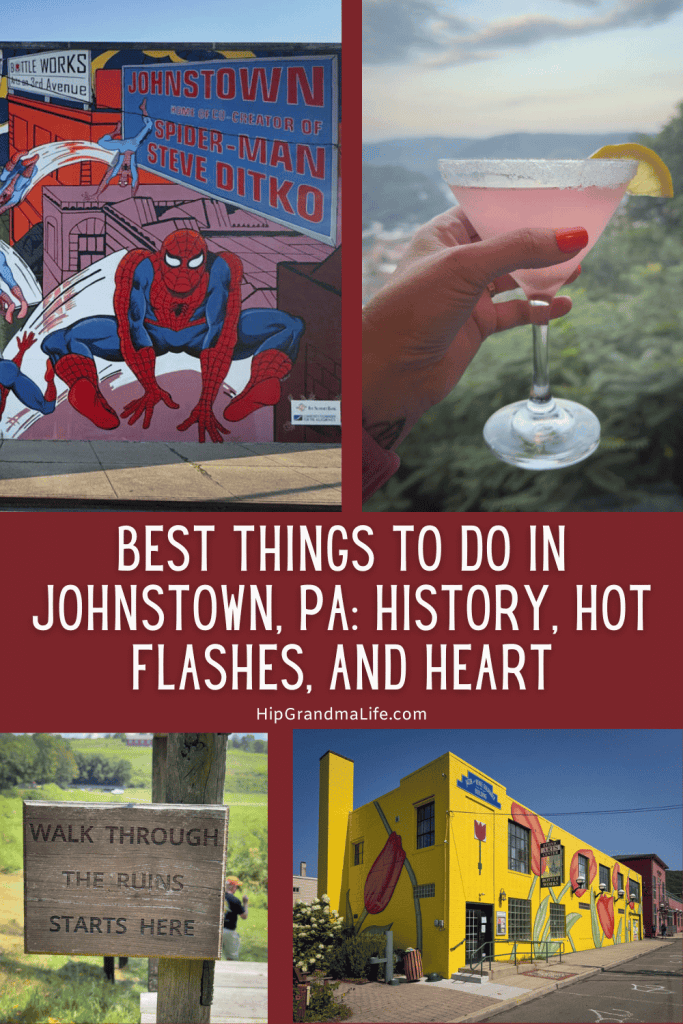 Colorful mural of Spider-Man performing a stunt with downtown signs in the background, promoting fun and arts in Johnstown, PA.