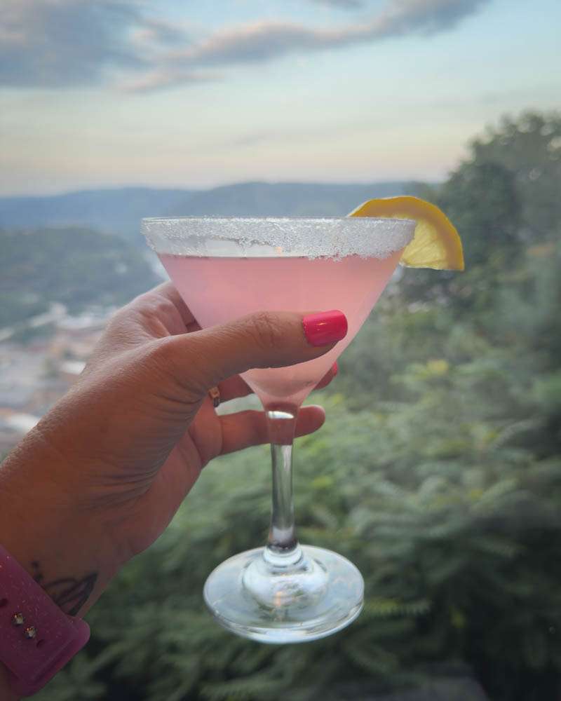 Relaxing pink cocktail in a martini glass with lemon garnish, scenic outdoor background, perfect for summer and leisure, ideal for grandmas enjoying life and outdoor relaxation.