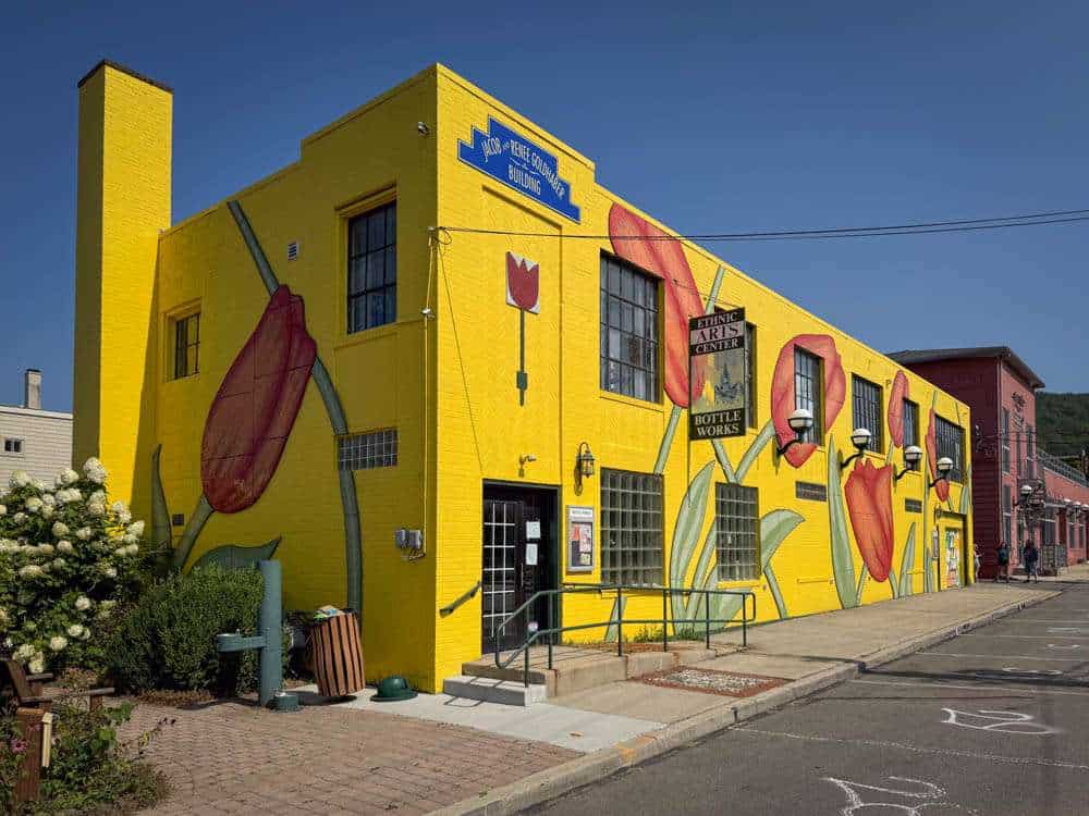 Bright yellow building with large floral mural, art gallery and bottle works sign, historical downtown, vibrant street scene, colorful mural art, charming small town vibe, cultural hub, community art, outdoor art display, creative neighborhood.