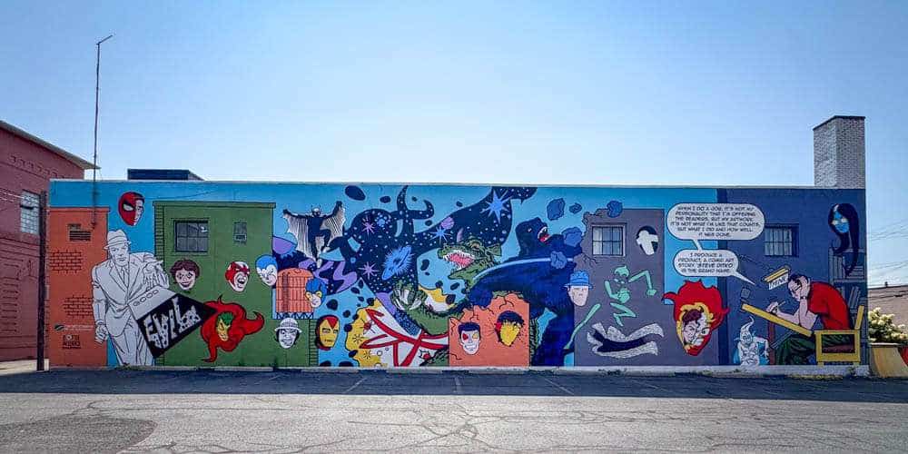Colorful Marvel mural painted by community volunteers at Bottle Works in Johnstown PA