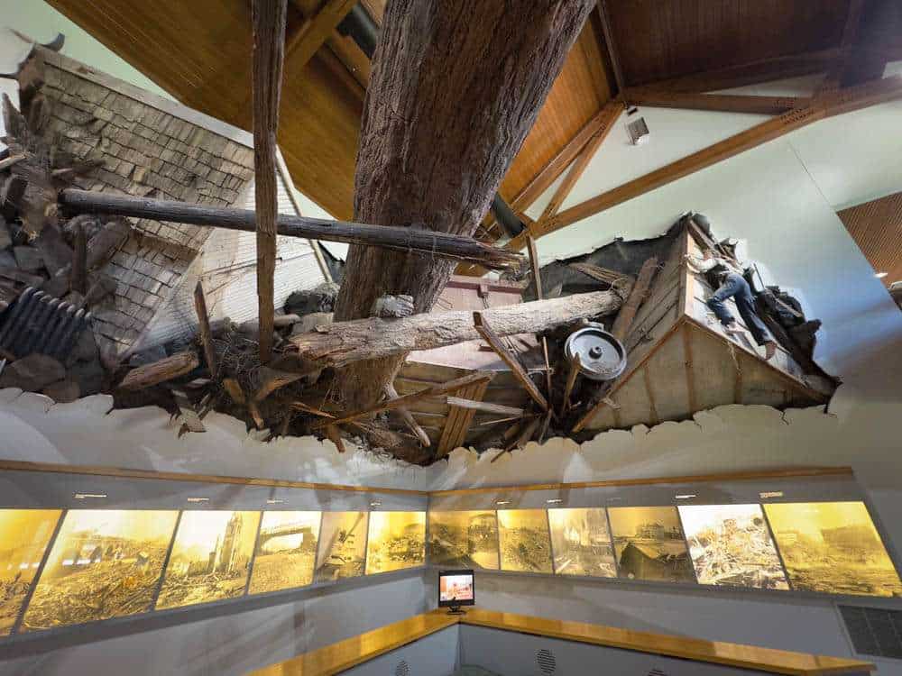 A damaged ceiling showing a fallen tree and debris inside an exhibit room at a museum.