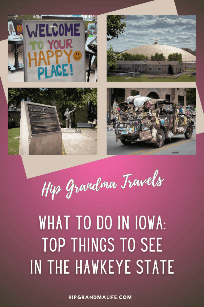 Pinterest graphic collage of quirky Iowa attractions including a welcome sign, the Maharishi Golden Domes, the Surf Ballroom memorial, and a decorated vintage car from a parade.