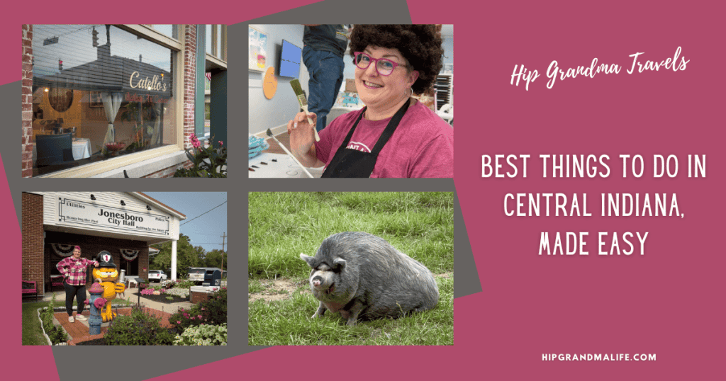 Collage pin featuring Catello’s Italian Art Cuisine, a Garfield statue, a pig at Oinking Acres, and Hip Grandma exploring Central Indiana