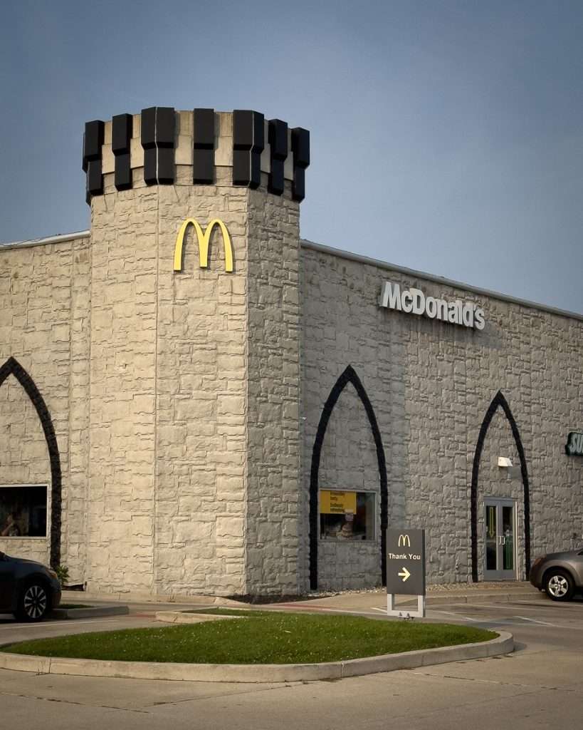 Castle-style McDonald’s building in Goshen, Indiana, a whimsical fast-food landmark