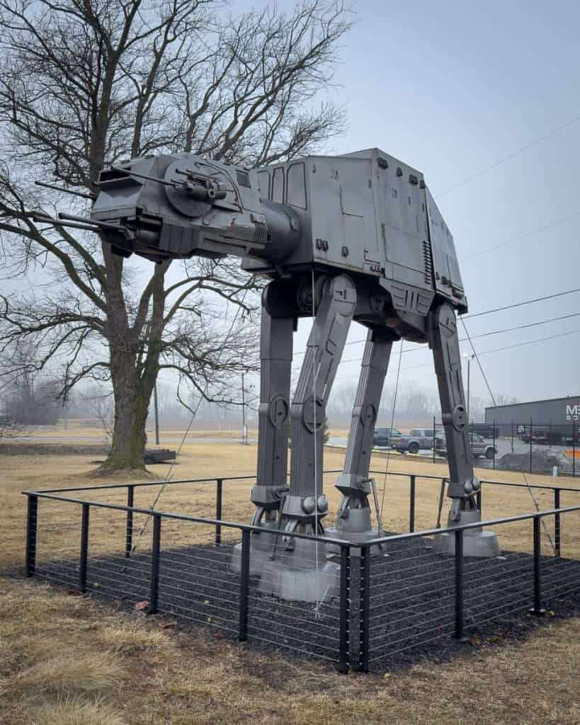 Star Wars-style metal walker sculpture in Wabash, Indiana, created from reclaimed steel