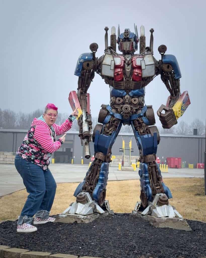 Optimus Prime metal sculpture in Wabash, Indiana, towering over visitors at a roadside display
