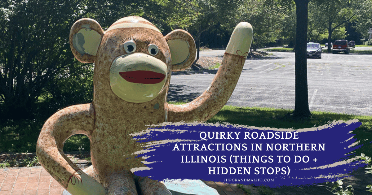 Sock monkey statue in Rockford Illinois at Midway Village Museum, a quirky roadside attraction in Northern Illinois