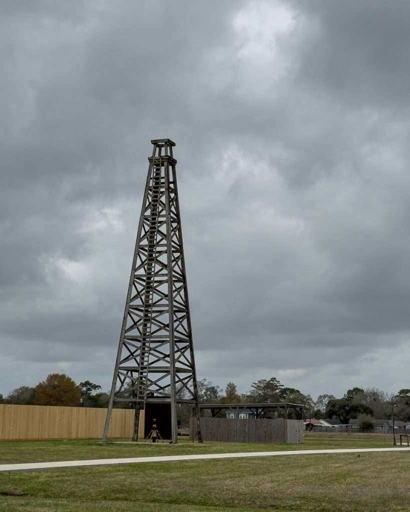 Replica oil derrick at Spindletop Boomtown Museum in Beaumont Texas