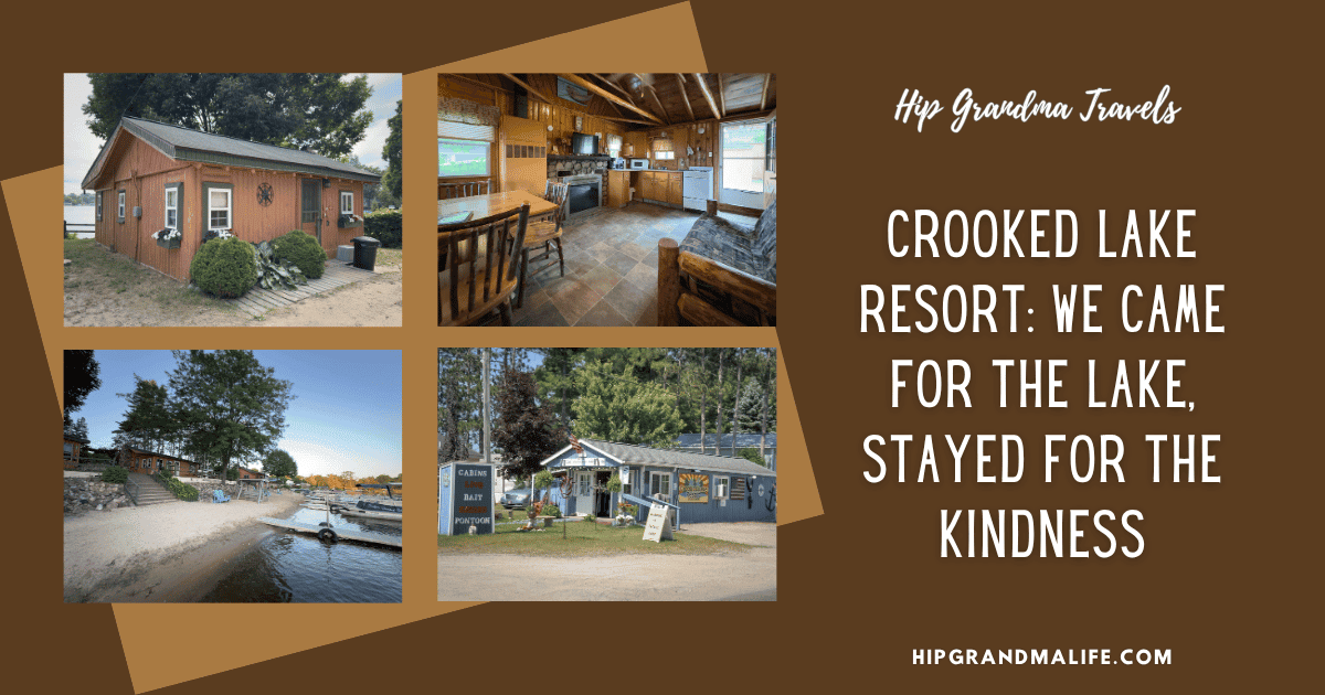 Promotional graphic for a Crooked Lake Resort review featuring historic Bellair cabins, the lakeside beach, resort office, and the headline We Came for the Lake, Stayed for the Kindness.