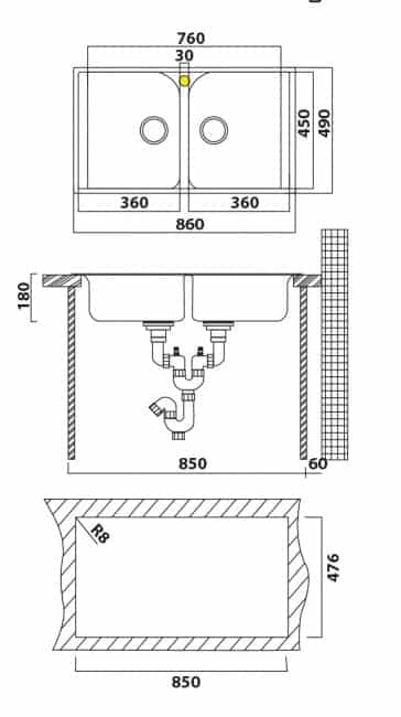 ⁦כיור אולין אנדורה ol-0366-l כפול נירוסטה 81x42⁩ – תמונה ⁦2⁩