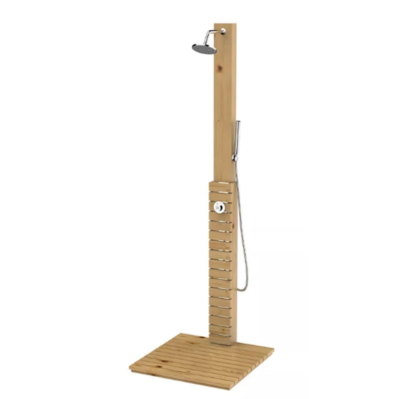 מערכת רחצה יוקרתית לגינה מעץ מלא עמיד במים עם משטח עץ תחתון, ראש טוש עגול 20 ס"מ, בורר מצבים, מזלף רחצה וצינור - פתרון טבעי ויוקרתי לרחצה בחוץ