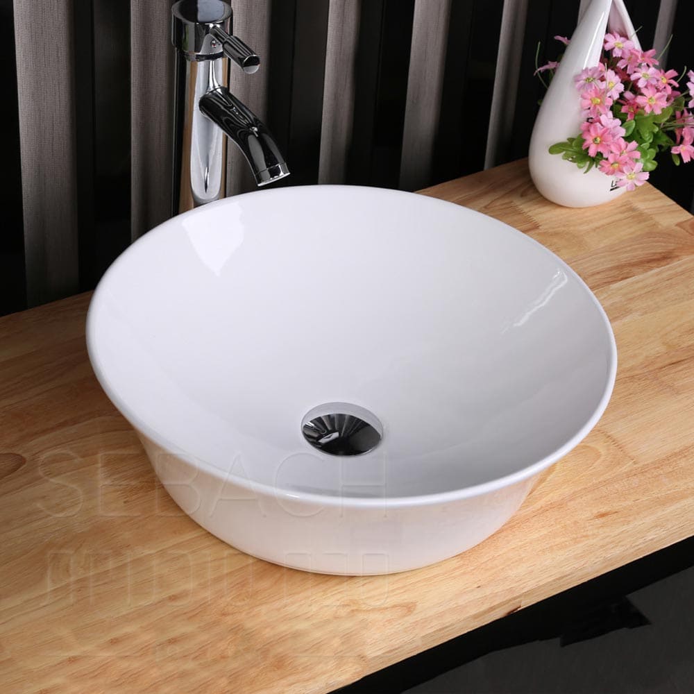 כיור חרס מונח דגם 134082 בגימור לבן מבריק, מידות 42x42x13 ס"מ, עיצוב ריבועי קלאסי