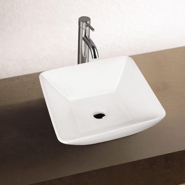כיור חרס מונח דגם נבו, מידות 42x42x13 ס"מ, עיצוב ריבועי מינימליסטי ונמוך