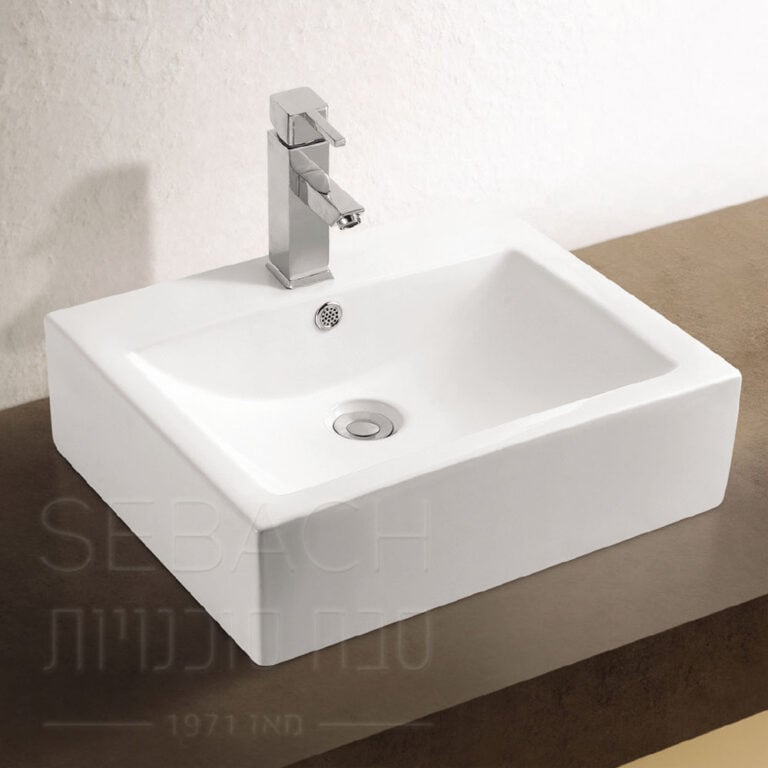 כיור חרס מונח דגם נוי, מידות 51x42x15 ס"מ, עיצוב קלאסי ומאוזן להתקנה על משטח