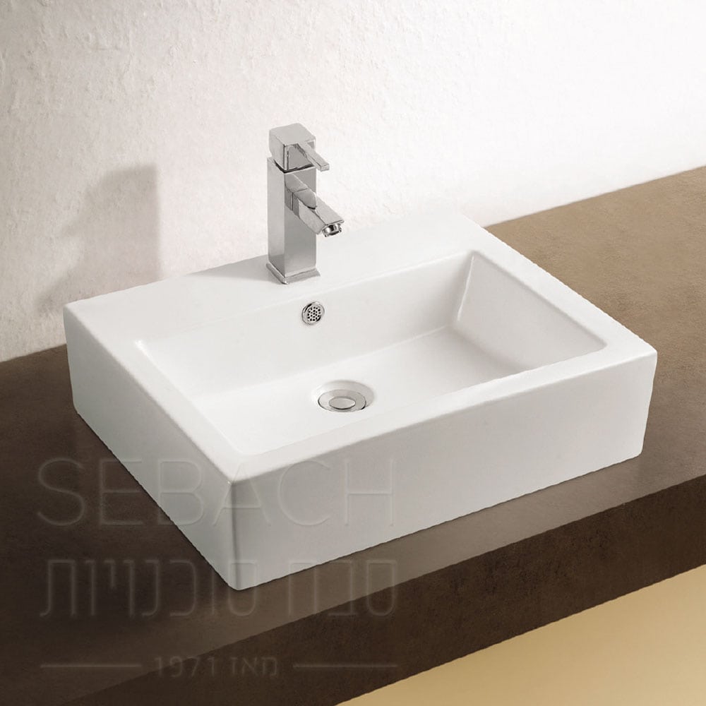 כיור חרס מונח דגם דקל, מידות 56x42x15 ס"מ, עיצוב מעוגל ונוח להתקנה על משטח